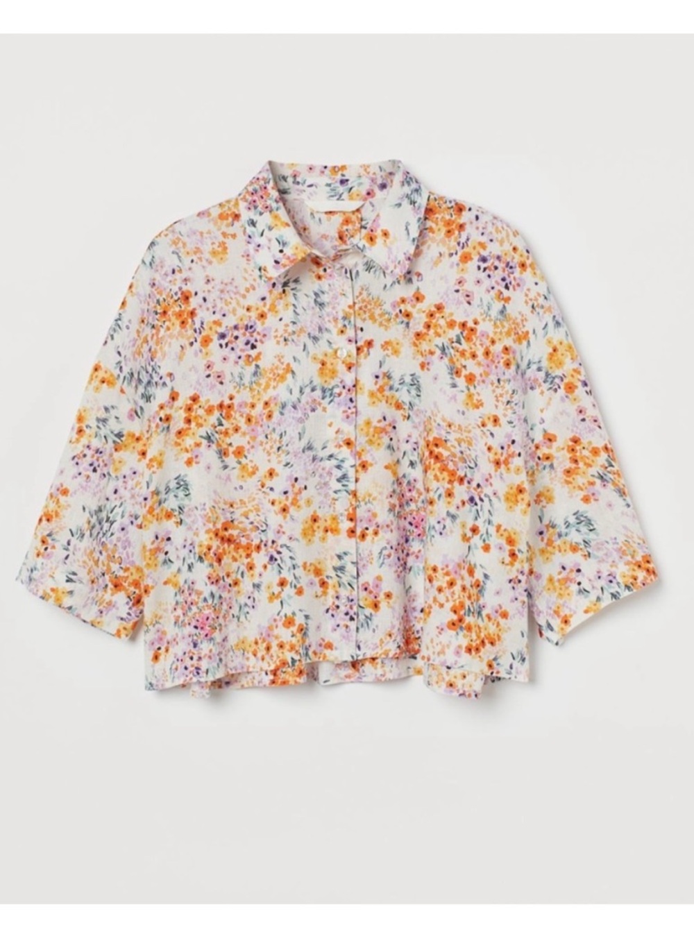 H&M White Floral Button-Front Crop Shirt